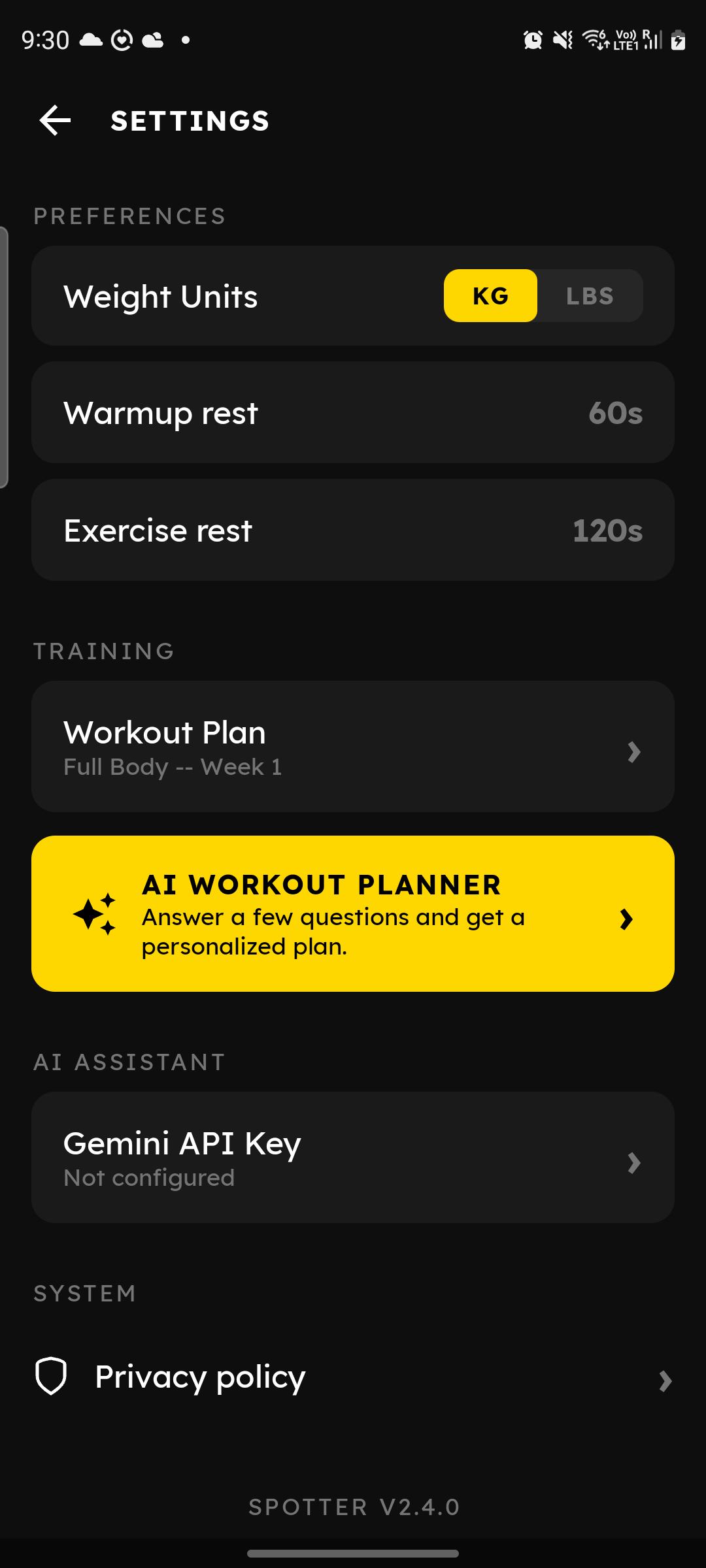 Settings AI Workout Planner card and preferences